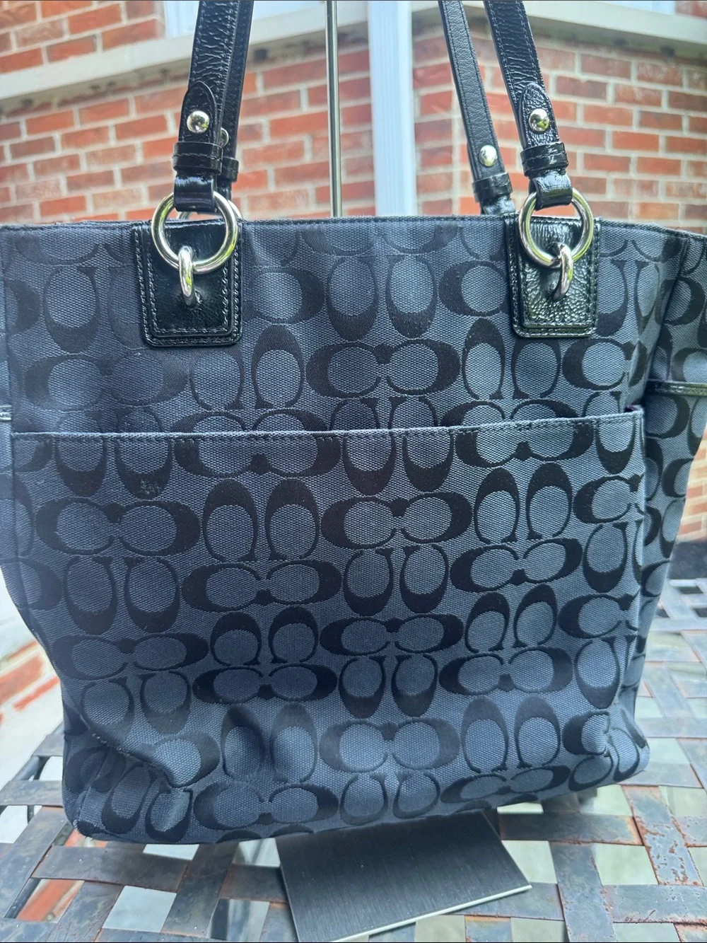 Coach Black Signature Jacquard Tote with Leather Trim